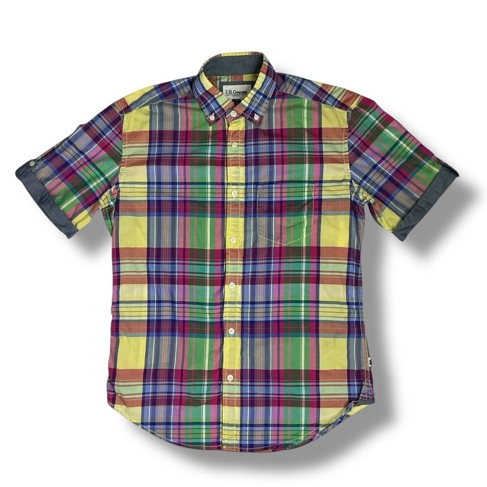 E B Company Vintage Button Down Collar Shirt Madras Plaid Blue Green Men Medium - Picture 16 of 16